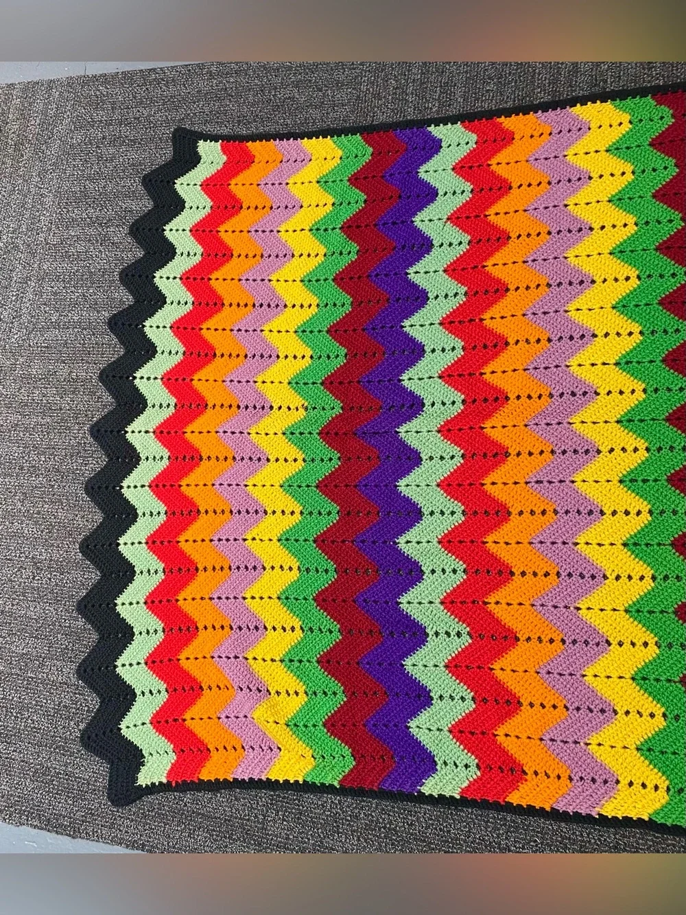 Vintage Crochet Blanket Handmade Chevron Stripe Knit Rainbow Pattern 87 x 45